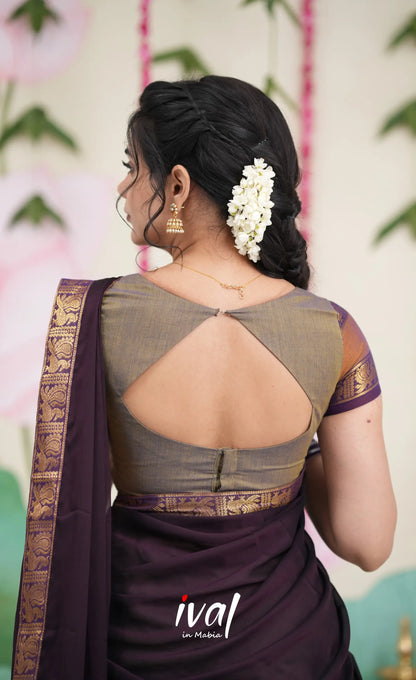 Padmaja Cotton Half Saree - Brownish Grey and Dark Plum Half Sarees