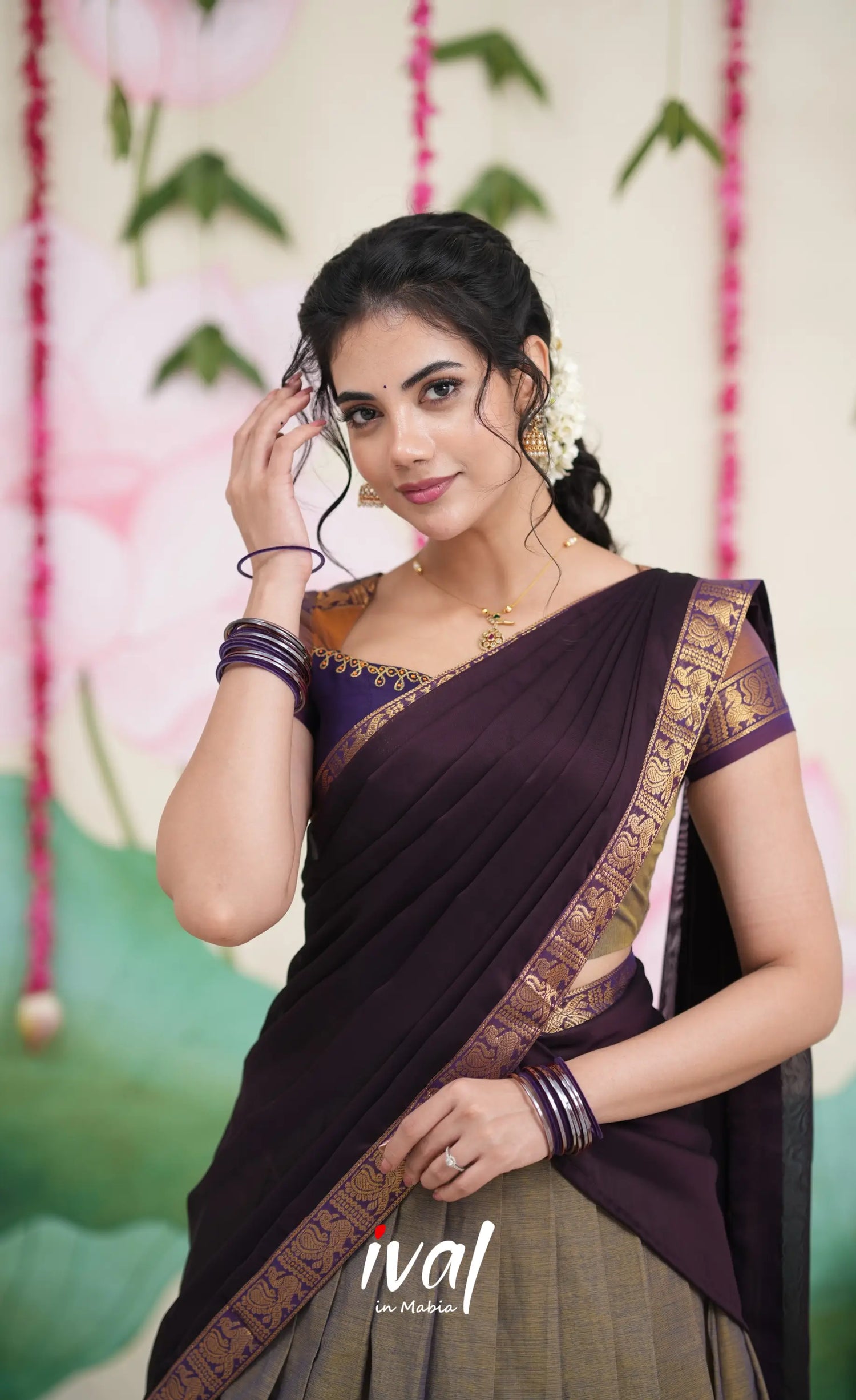 Padmaja Cotton Half Saree - Brownish Grey and Dark Plum Half Sarees