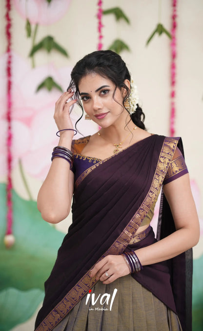 Padmaja Cotton Half Saree - Brownish Grey and Dark Plum Half Sarees