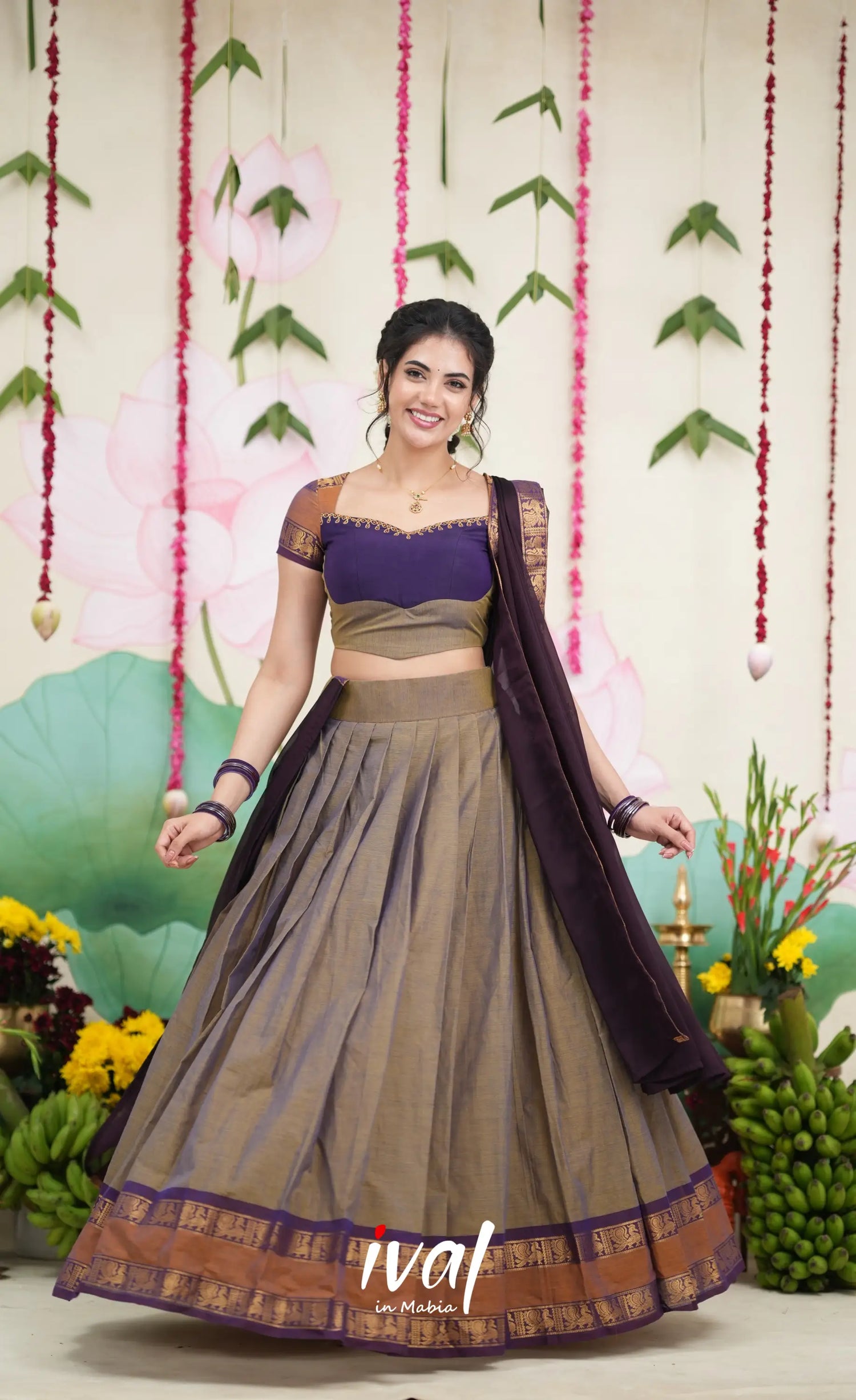 Padmaja Cotton Half Saree - Brownish Grey and Dark Plum Half Sarees