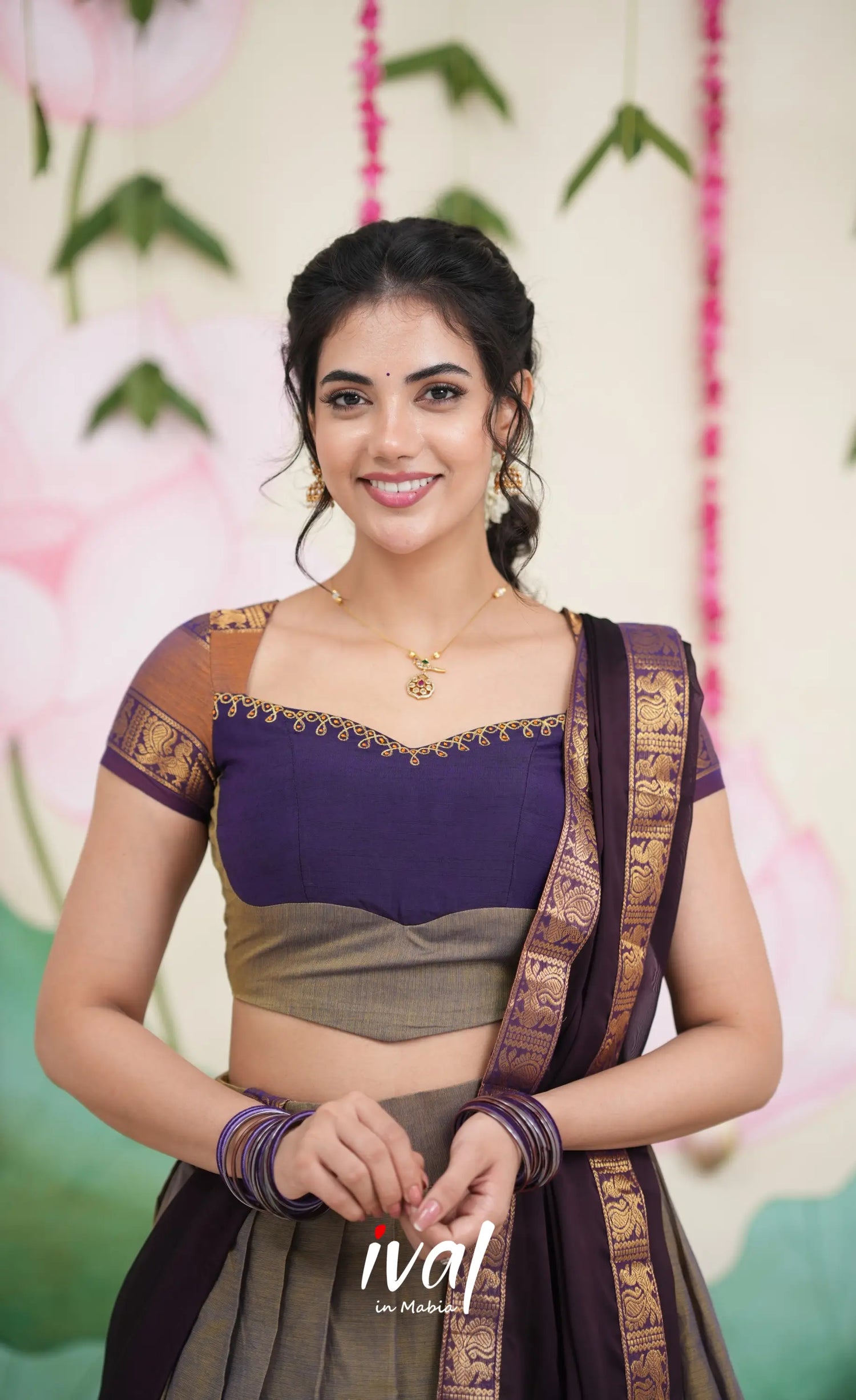 Padmaja Cotton Half Saree - Brownish Grey and Dark Plum Half Sarees