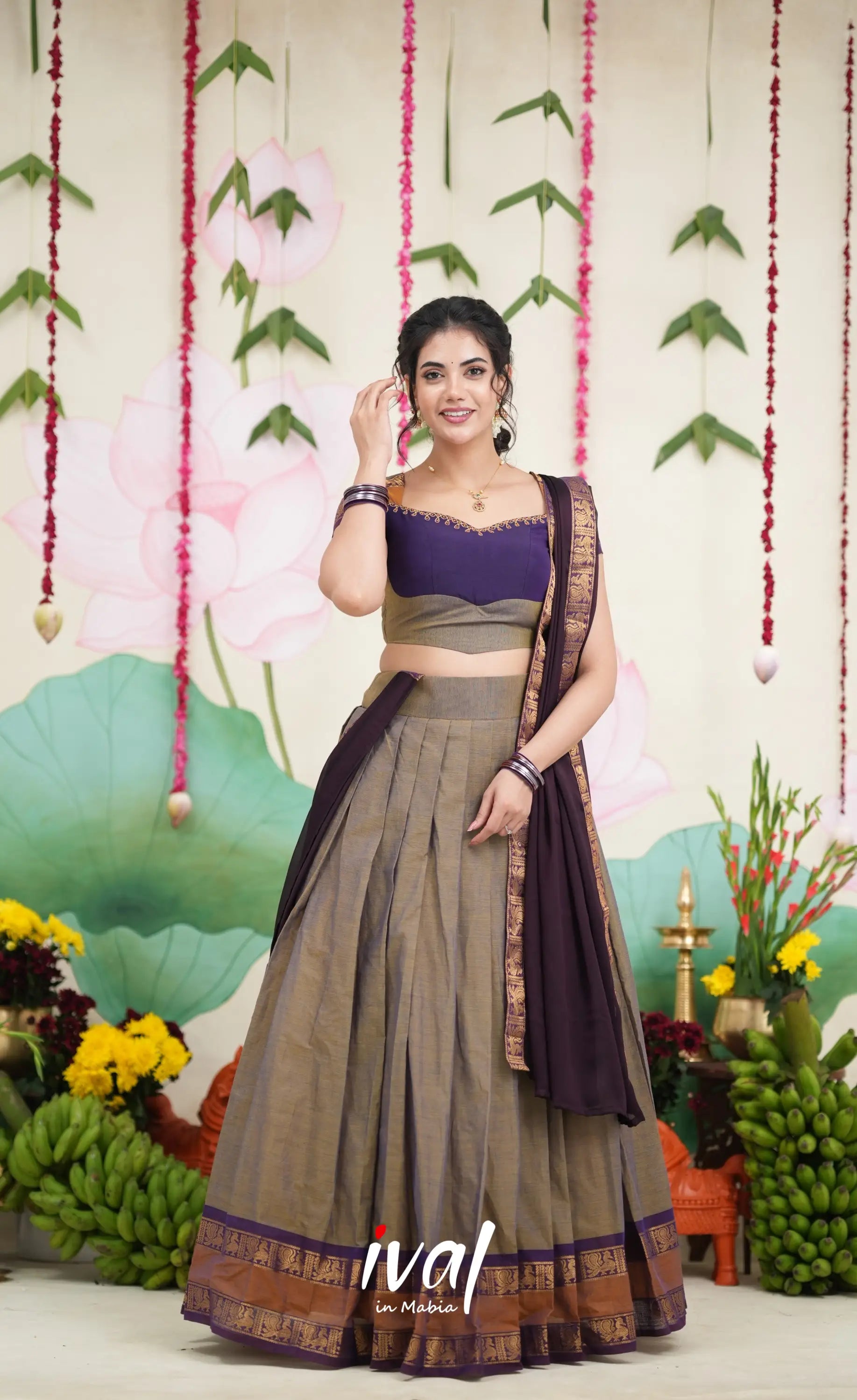 Padmaja Cotton Half Saree - Brownish Grey and Dark Plum Half Sarees