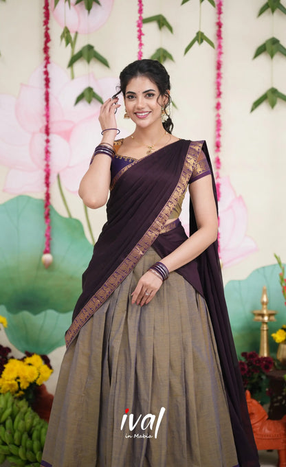 Padmaja Cotton Half Saree - Brownish Grey and Dark Plum Half Sarees