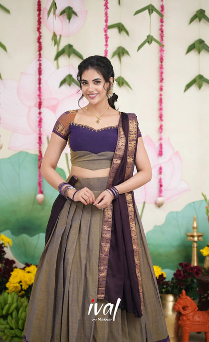 Padmaja Cotton Half Saree - Brownish Grey and Dark Plum Half Sarees
