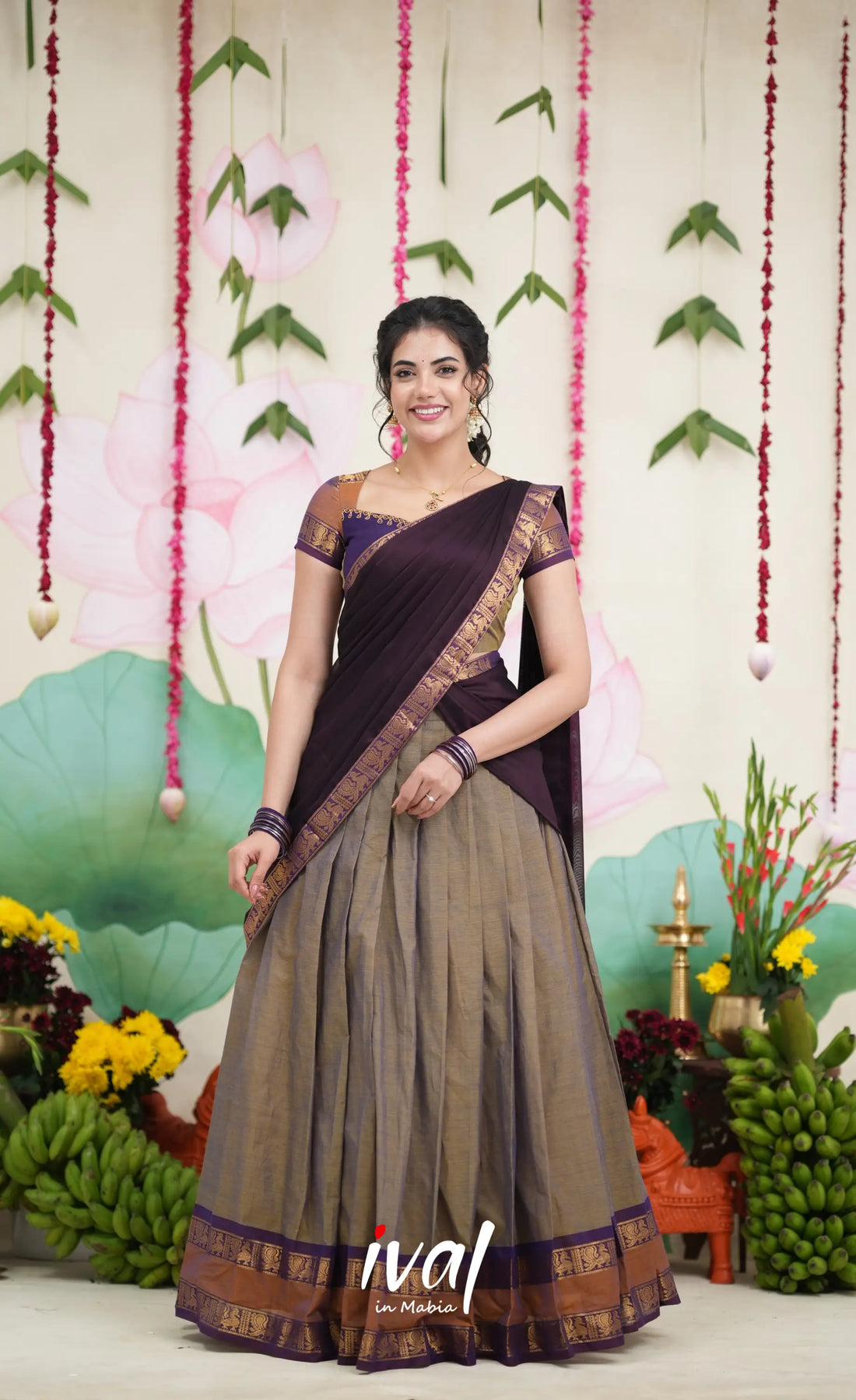 Padmaja Cotton Half Saree - Brownish Grey and Dark Plum Half Sarees