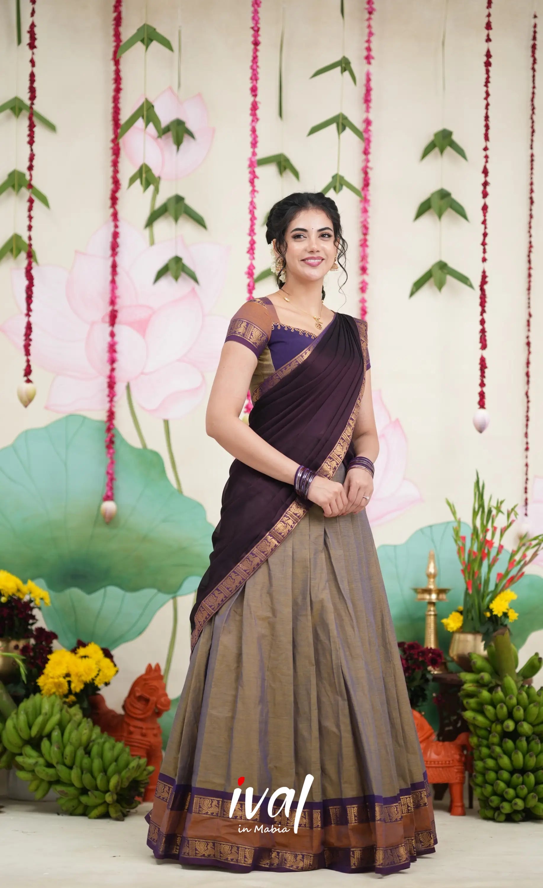 Padmaja Cotton Half Saree - Brownish Grey and Dark Plum Half Sarees