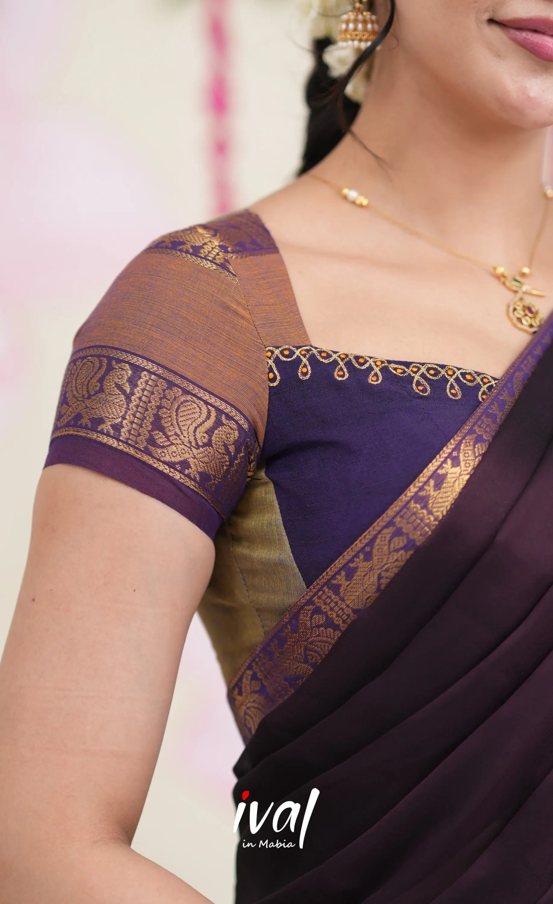 Padmaja Cotton Half Saree - Brownish Grey and Dark Plum Half Sarees