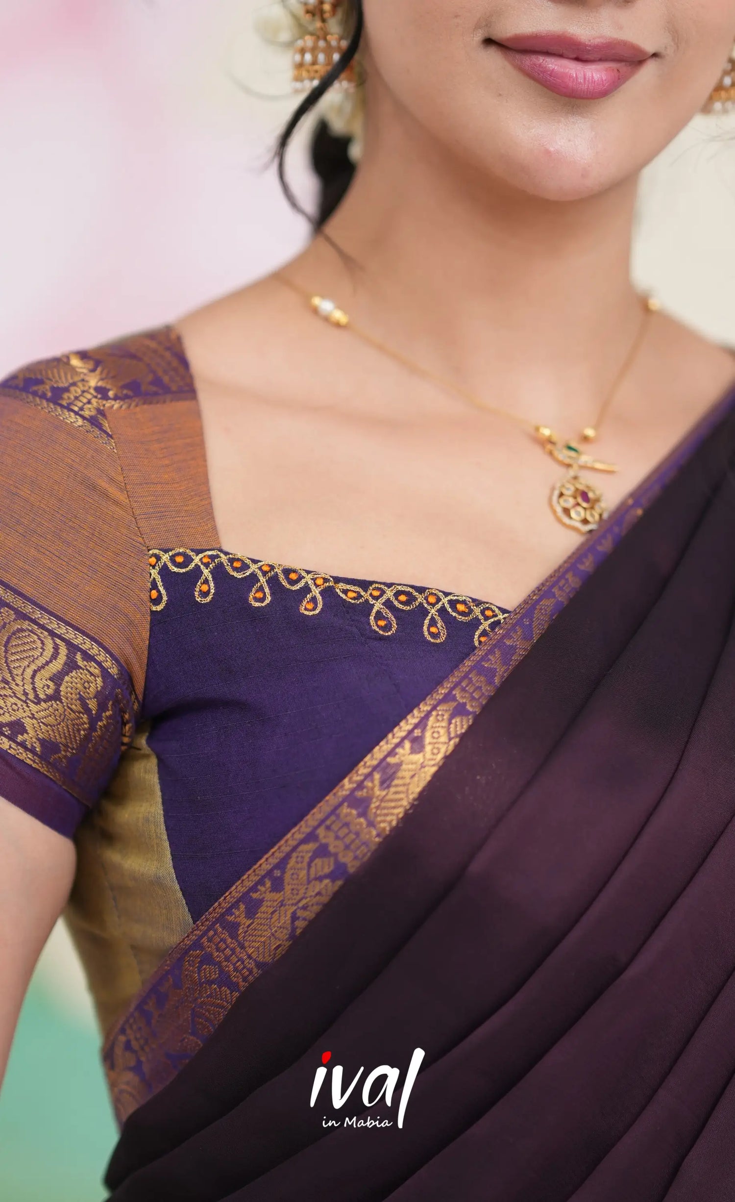 Padmaja Cotton Half Saree - Brownish Grey and Dark Plum Half Sarees