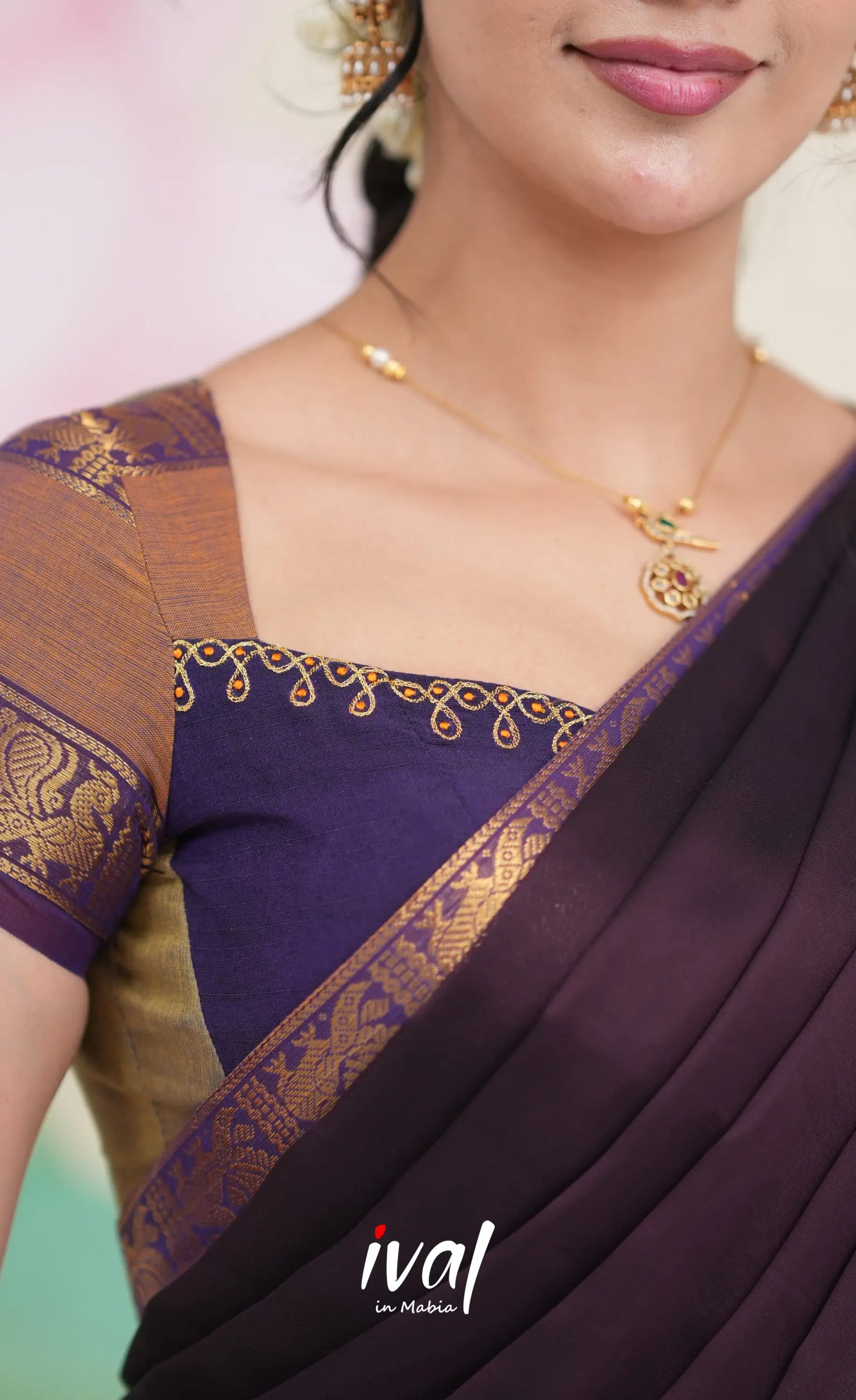 Padmaja Cotton Half Saree - Brownish Grey and Dark Plum Half Sarees