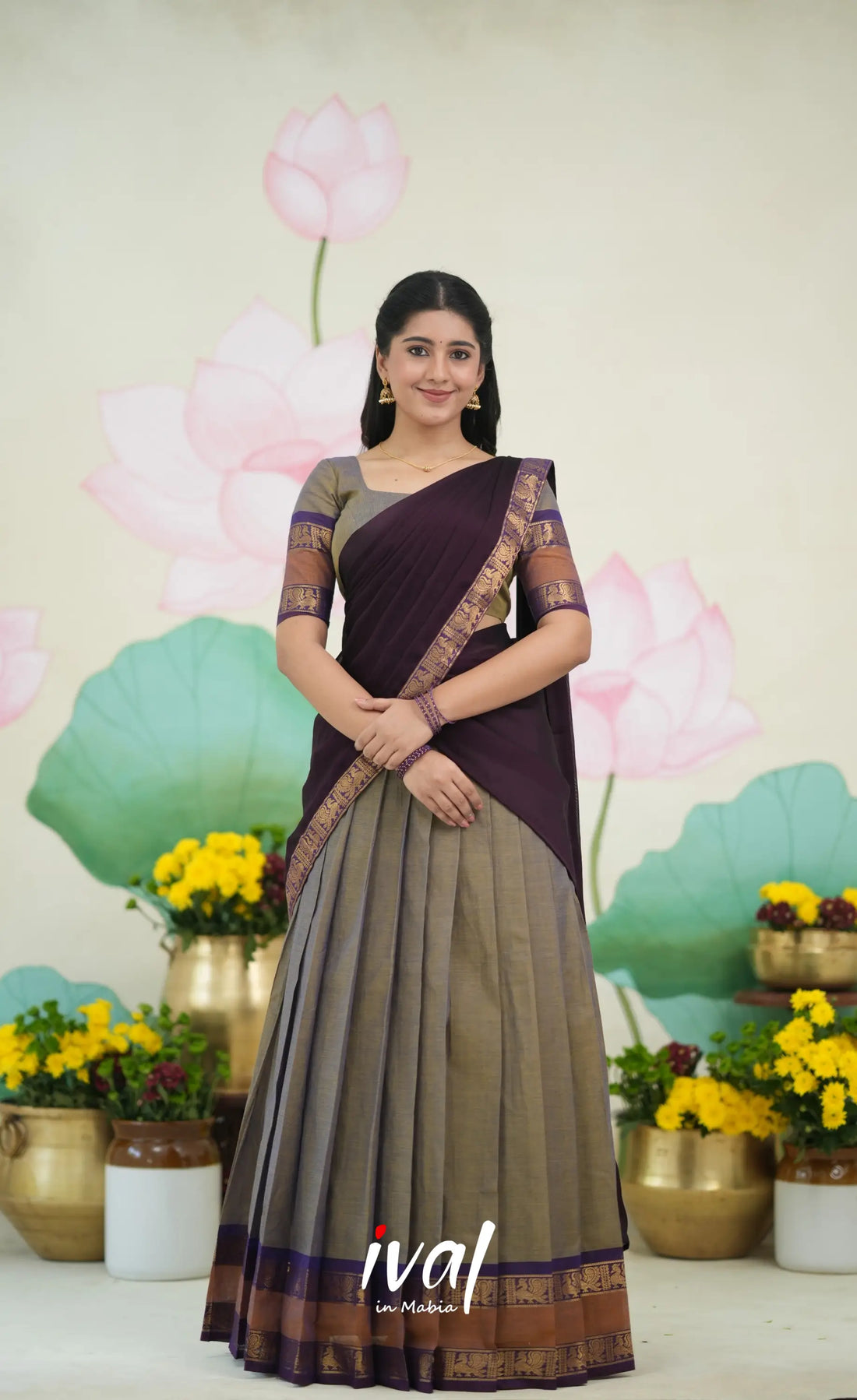 Padmaja Cotton Half Saree - Brownish Grey and dark Plum Half Sarees