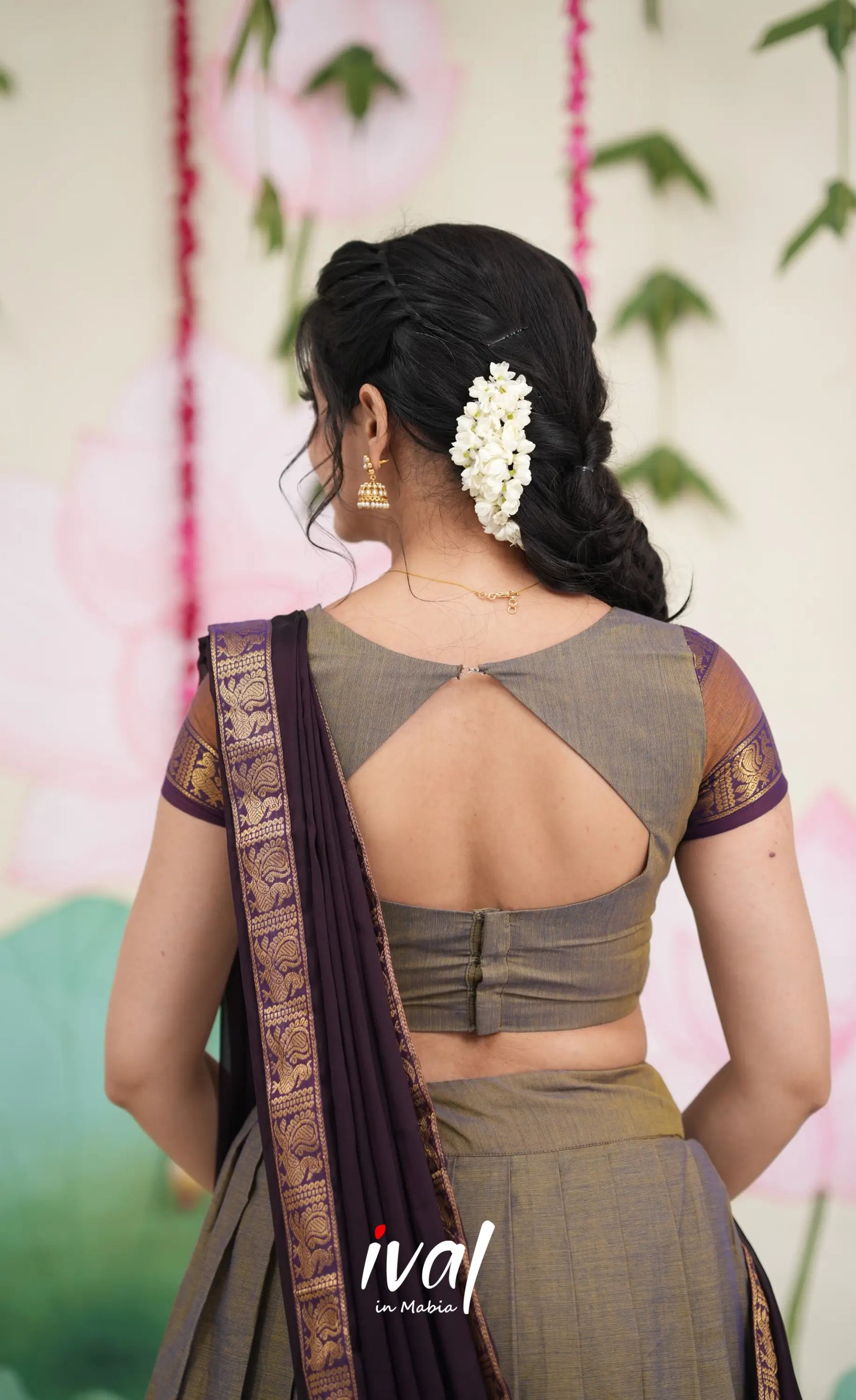 Padmaja Cotton Half Saree - Brownish Grey and Dark Plum Half Sarees