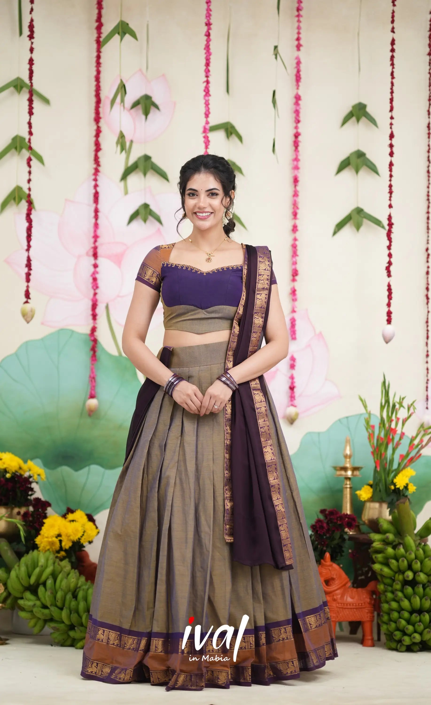 Padmaja Cotton Half Saree - Brownish Grey and Dark Plum Half Sarees