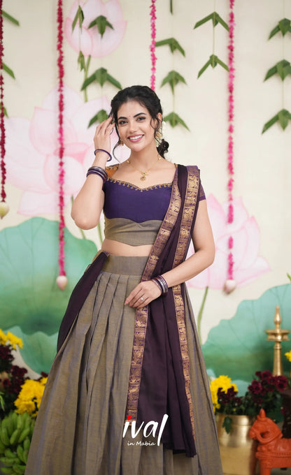 Padmaja Cotton Half Saree - Brownish Grey and Dark Plum Half Sarees