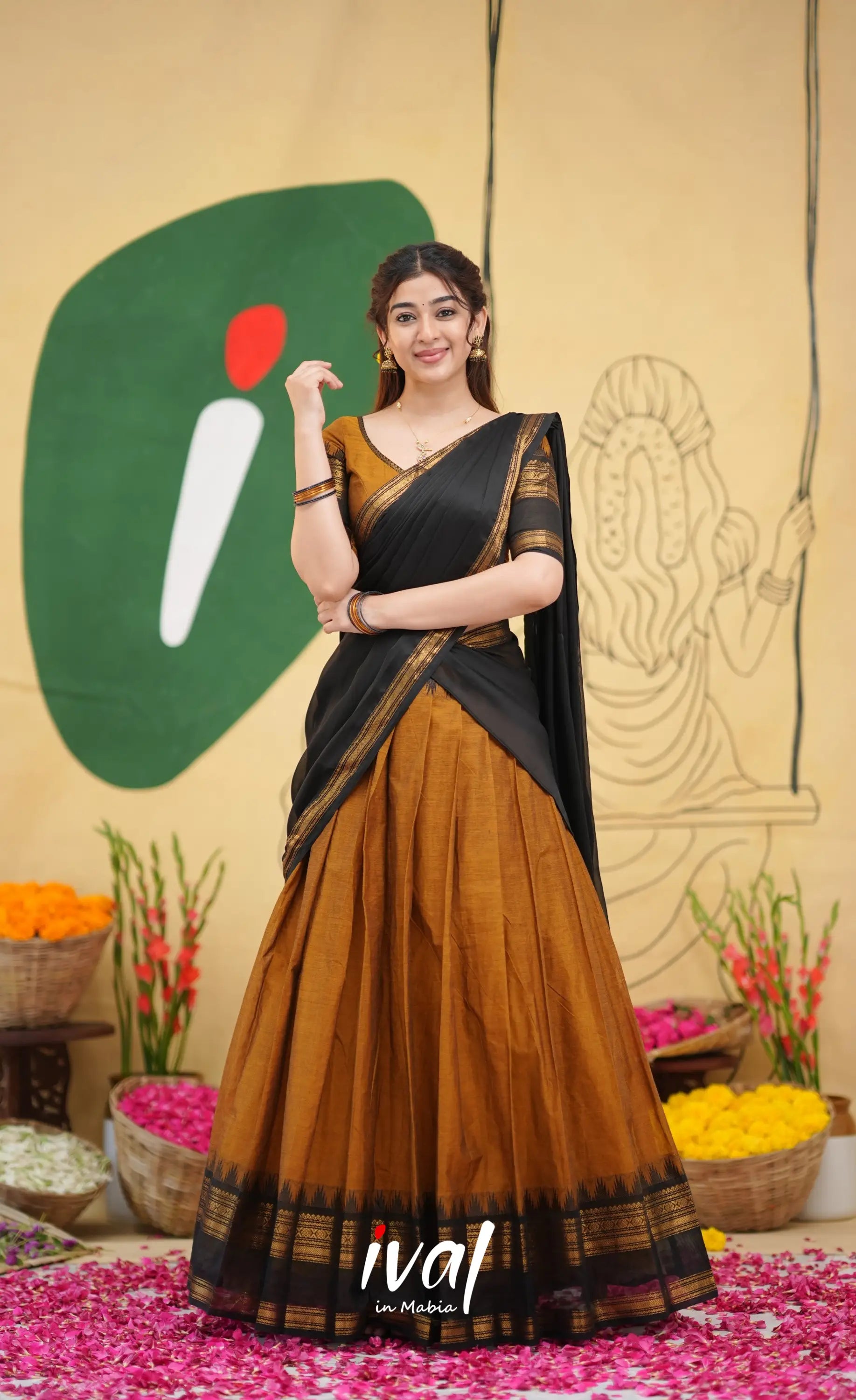 Padmaja Cotton Half Saree - Brownish mustard and Black with Stretchable Blouse - Half Sarees