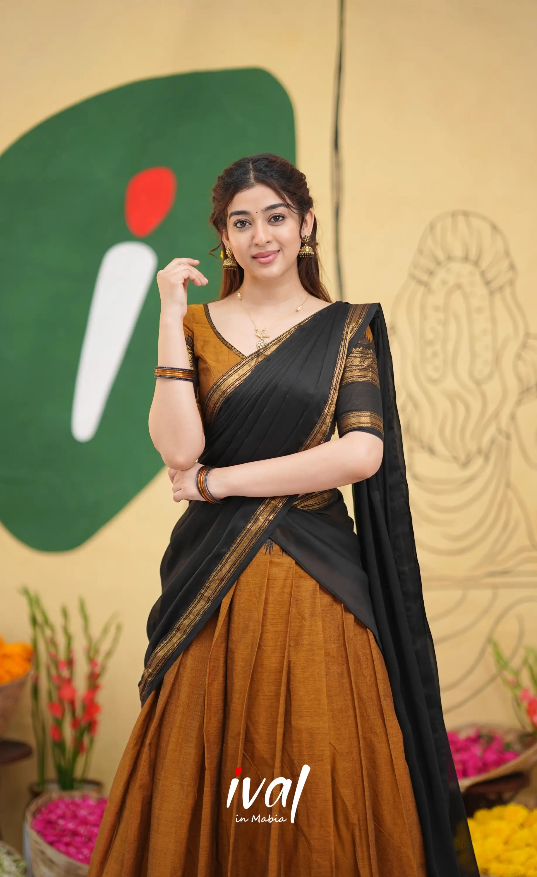 Padmaja Cotton Half Saree - Brownish mustard and Black with Stretchable Blouse - Half Sarees