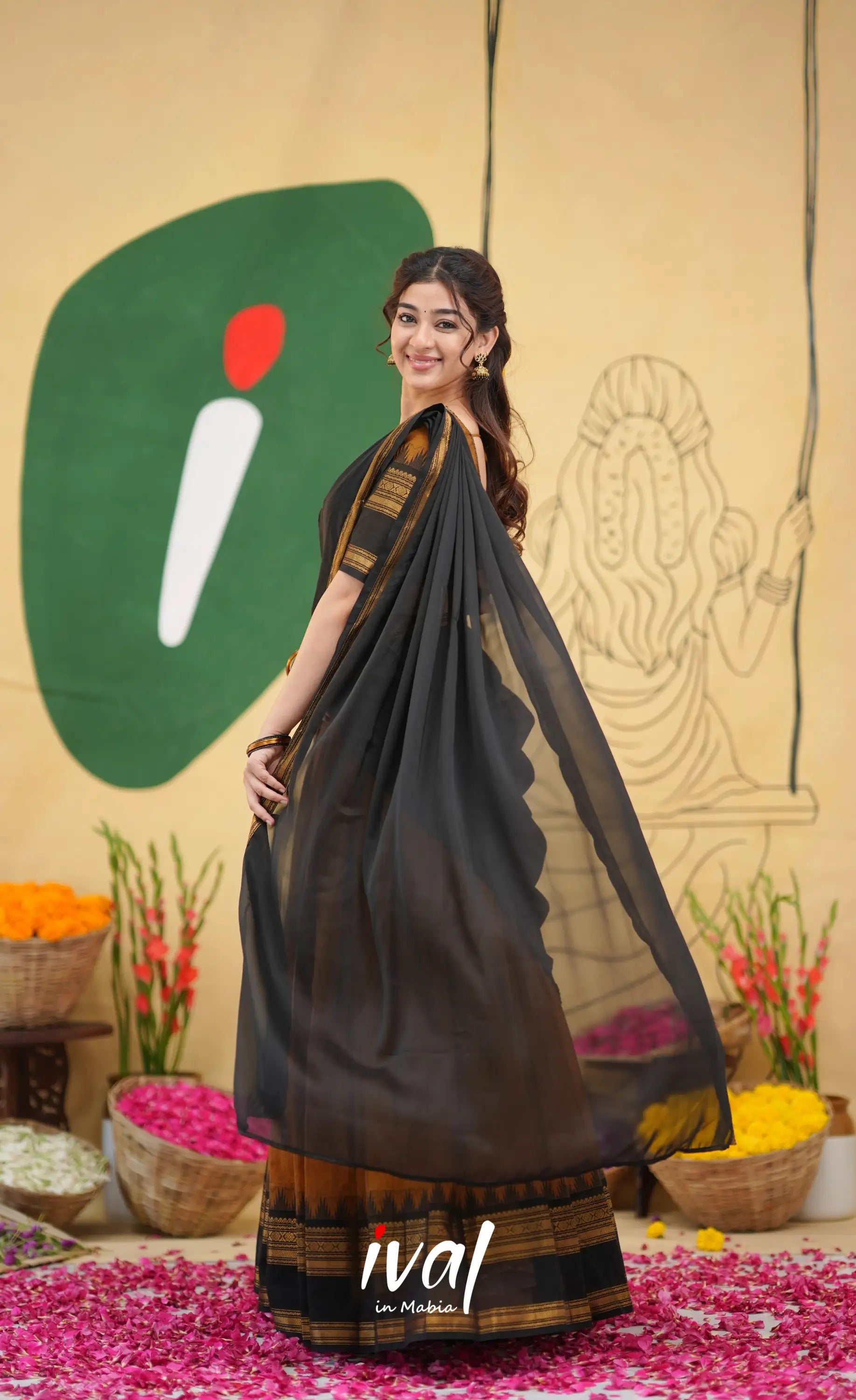 Padmaja Cotton Half Saree - Brownish mustard and Black with Stretchable Blouse - Half Sarees