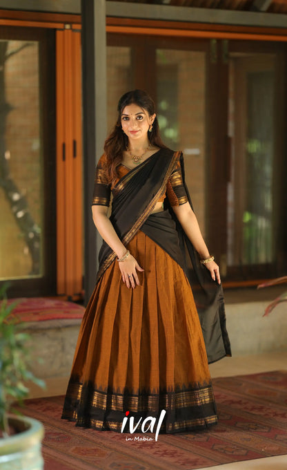 Padmaja Cotton Half Saree - Brownish mustard and Black with Stretchable Blouse - Half Sarees