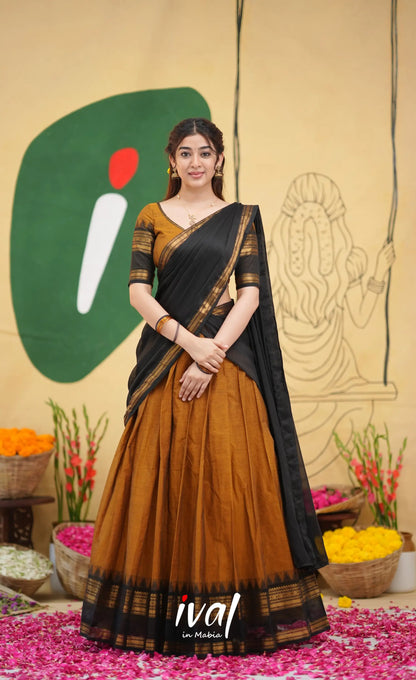 Padmaja Cotton Half Saree - Brownish mustard and Black with Stretchable Blouse - Half Sarees