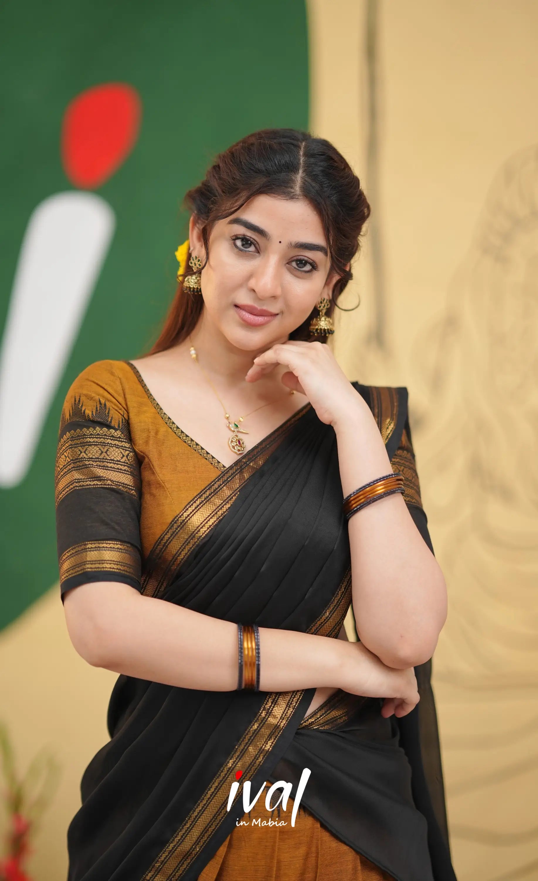 Padmaja Cotton Half Saree - Brownish mustard and Black with Stretchable Blouse - Half Sarees
