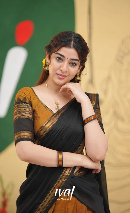 Padmaja Cotton Half Saree - Brownish mustard and Black with Stretchable Blouse - Half Sarees