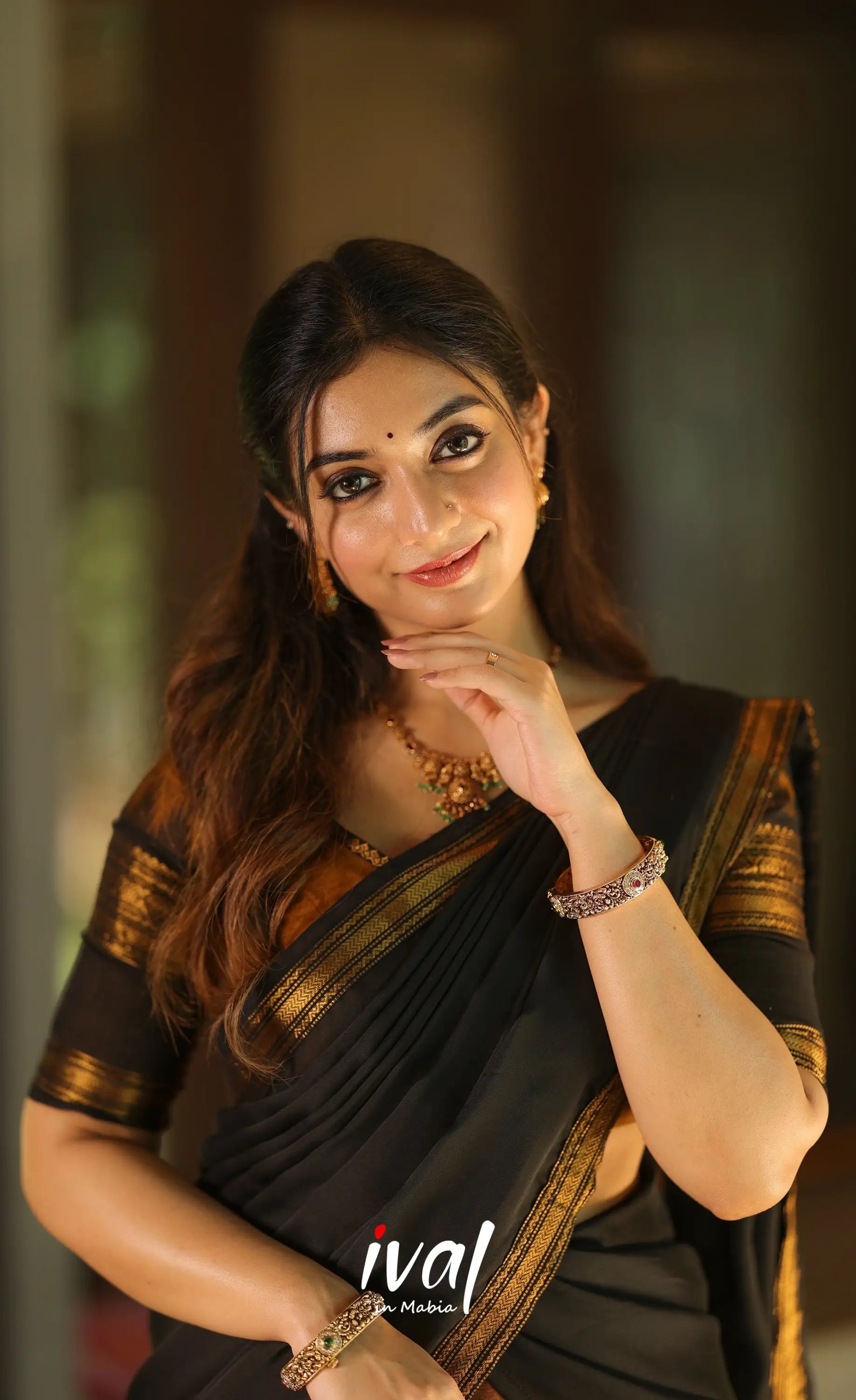 Padmaja Cotton Half Saree - Brownish mustard and Black with Stretchable Blouse - Half Sarees