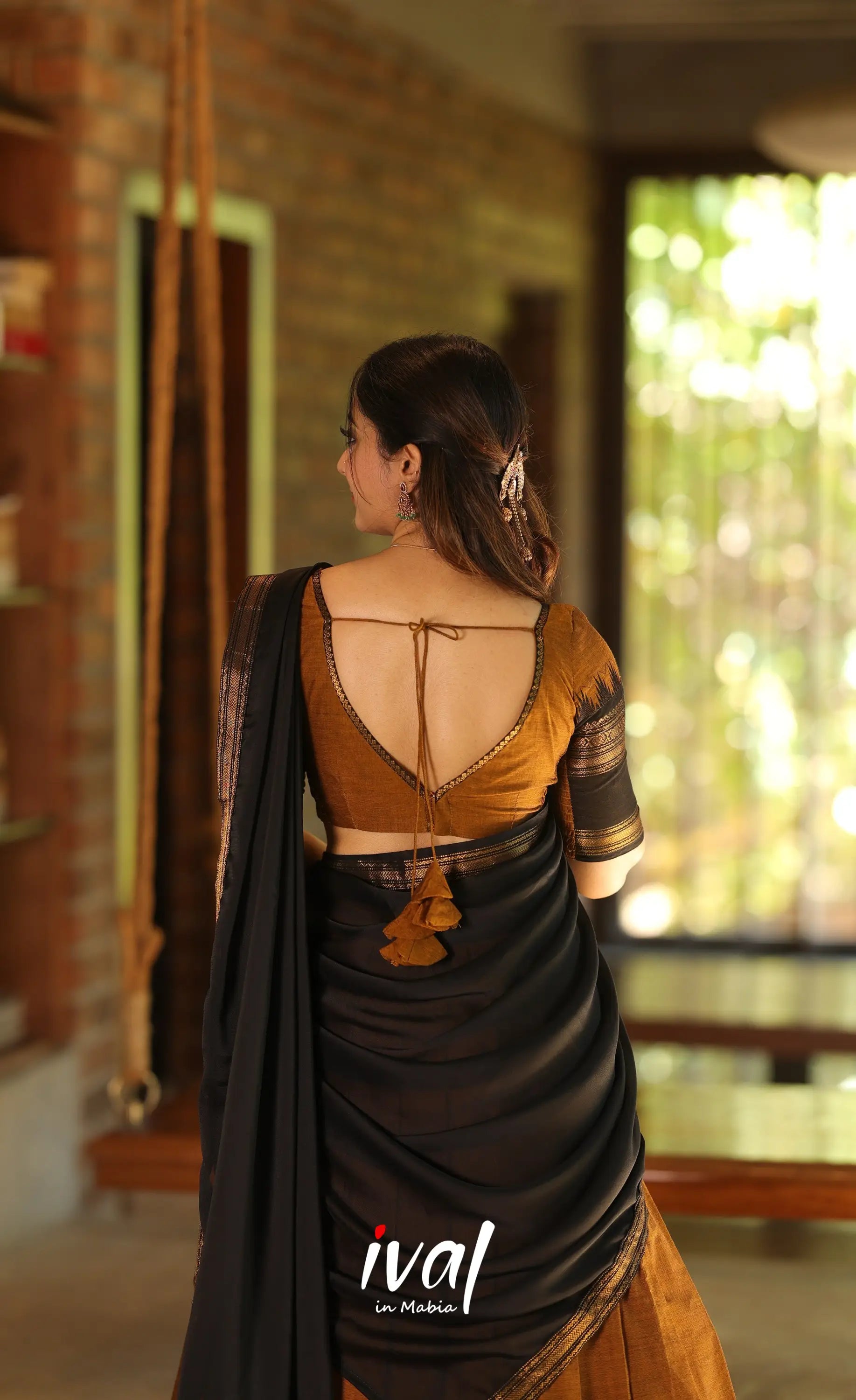 Padmaja Cotton Half Saree - Brownish mustard and Black with Stretchable Blouse - Half Sarees