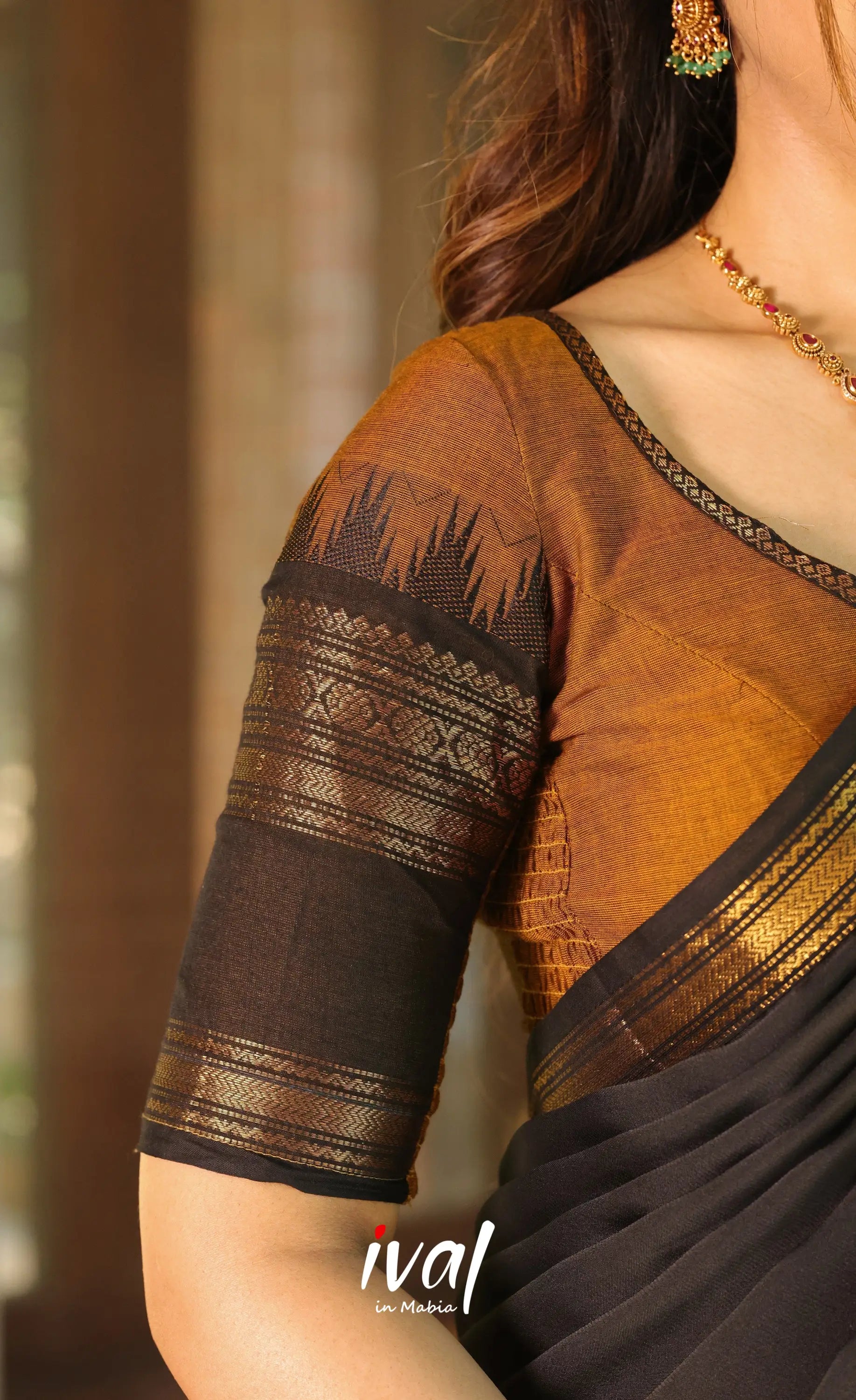 Padmaja Cotton Half Saree - Brownish mustard and Black with Stretchable Blouse - Half Sarees