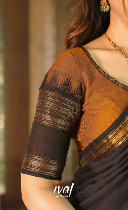 Padmaja Cotton Half Saree - Brownish mustard and Black with Stretchable Blouse - Half Sarees