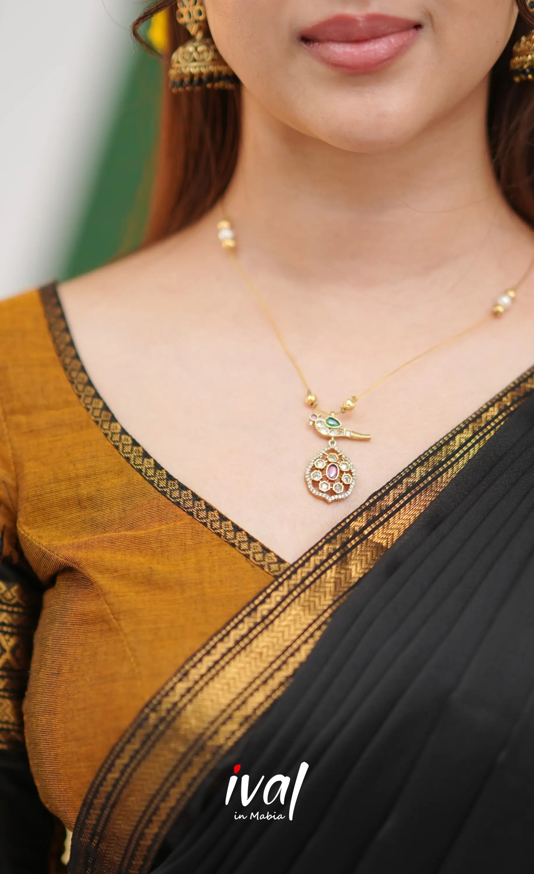 Padmaja Cotton Half Saree - Brownish mustard and Black with Stretchable Blouse - Half Sarees