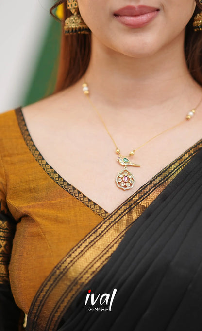 Padmaja Cotton Half Saree - Brownish mustard and Black with Stretchable Blouse - Half Sarees