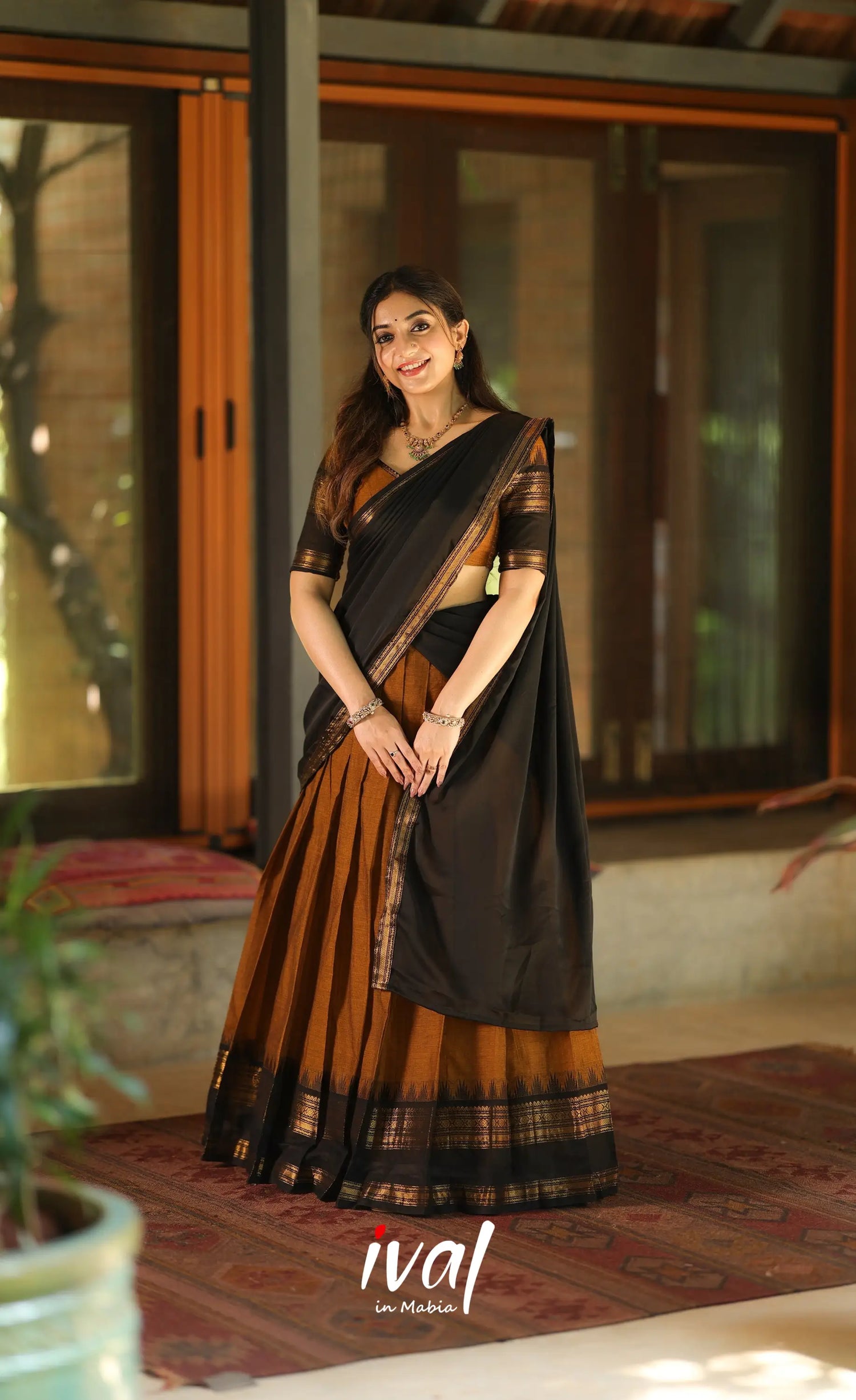 Padmaja Cotton Half Saree - Brownish mustard and Black with Stretchable Blouse - Half Sarees