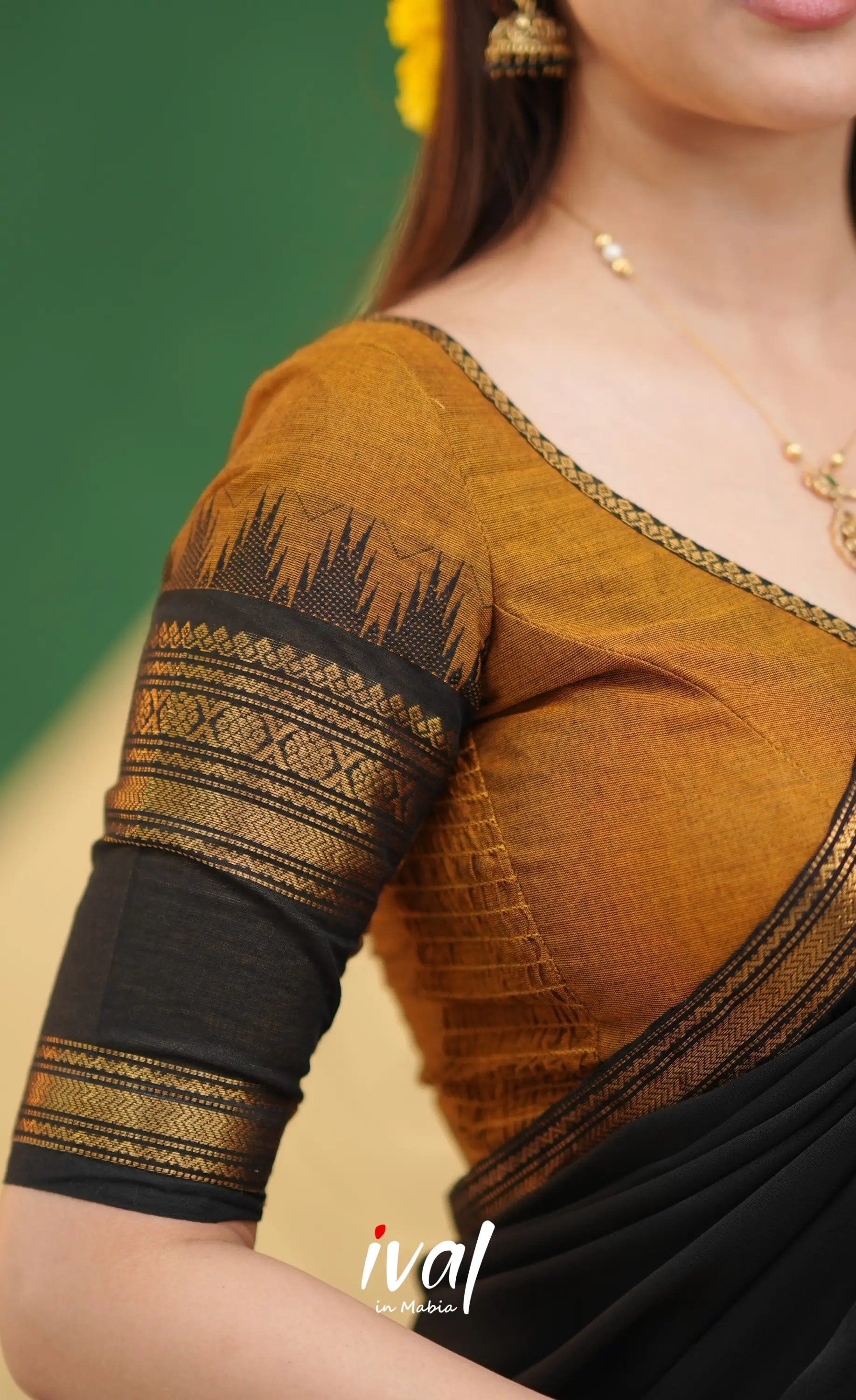 Padmaja Cotton Half Saree - Brownish mustard and Black with Stretchable Blouse - Half Sarees