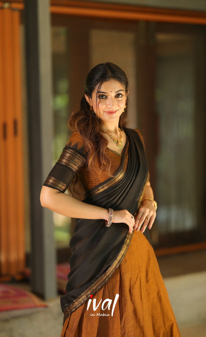 Padmaja Cotton Half Saree - Brownish mustard and Black with Stretchable Blouse - Half Sarees
