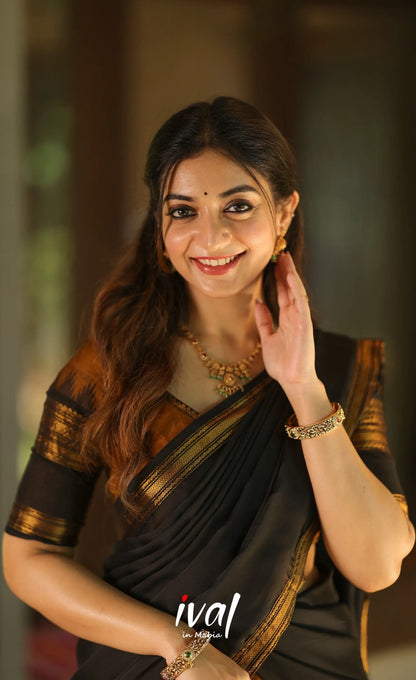 Padmaja Cotton Half Saree - Brownish mustard and Black with Stretchable Blouse - Half Sarees