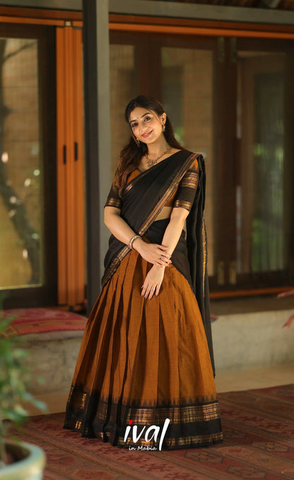 Padmaja Cotton Half Saree - Brownish mustard and Black with Stretchable Blouse - Half Sarees