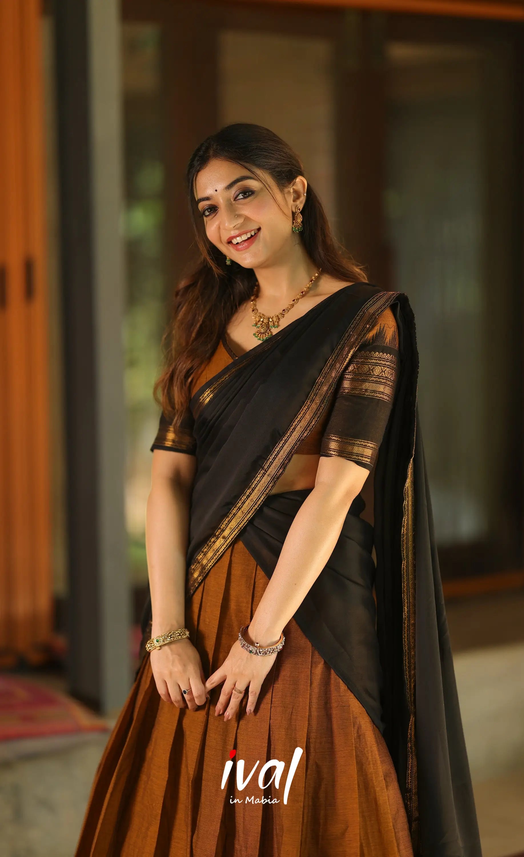 Padmaja Cotton Half Saree - Brownish mustard and Black with Stretchable Blouse - Half Sarees