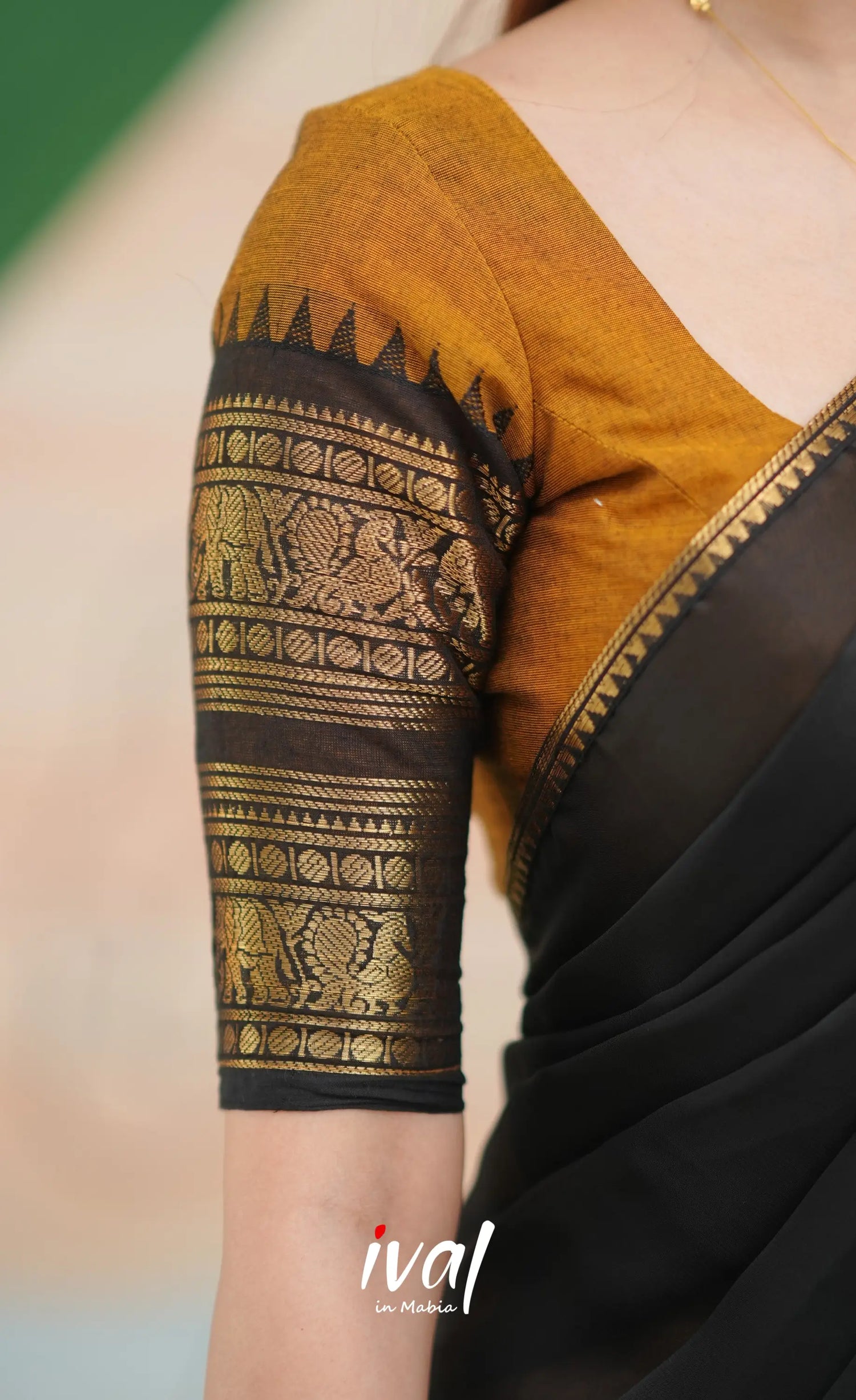 Padmaja Cotton Half Saree - Dark Brownish mustard and Black - Half Sarees