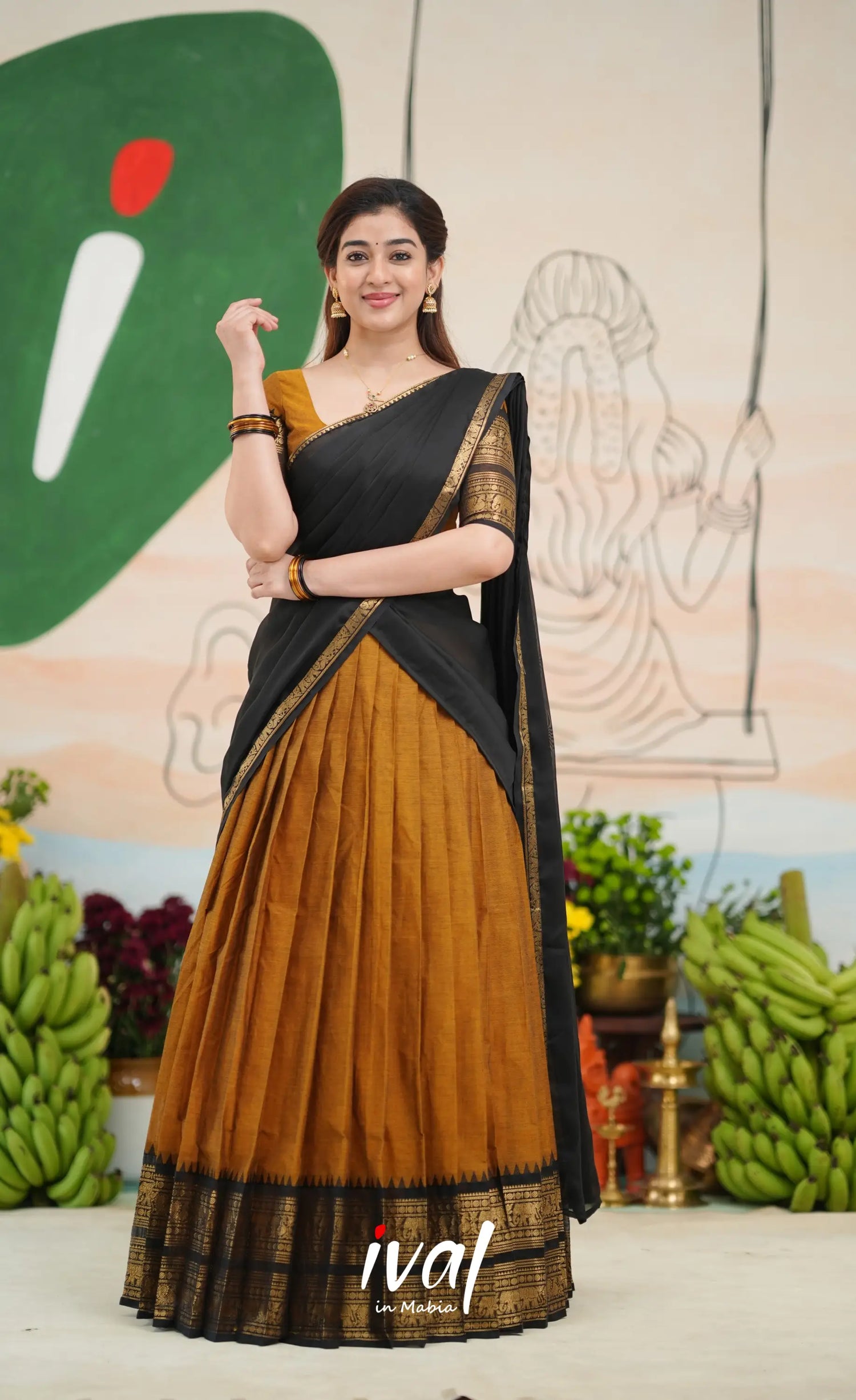 Padmaja Cotton Half Saree - Dark Brownish mustard and Black - Half Sarees
