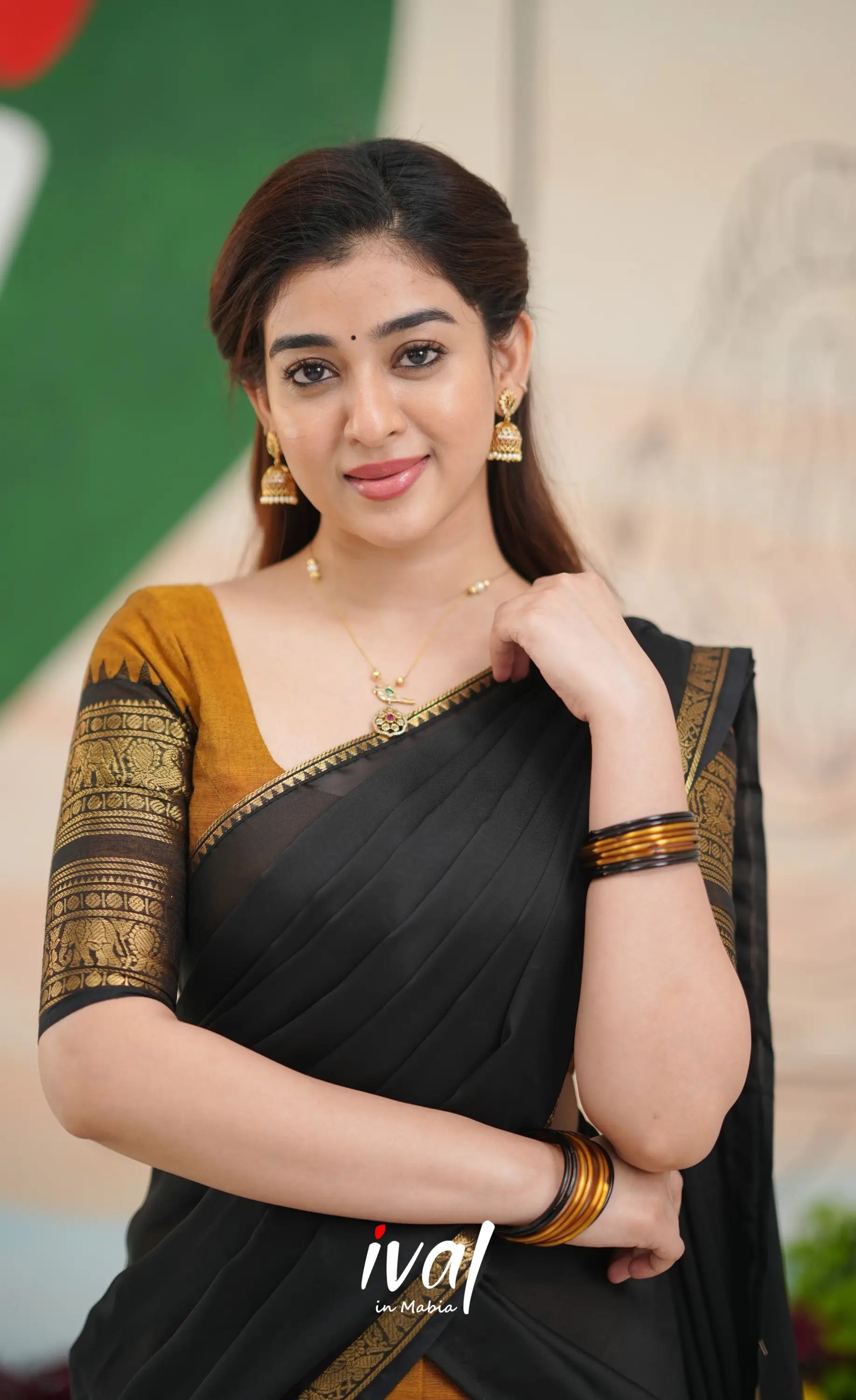 Padmaja Cotton Half Saree - Dark Brownish mustard and Black - Half Sarees