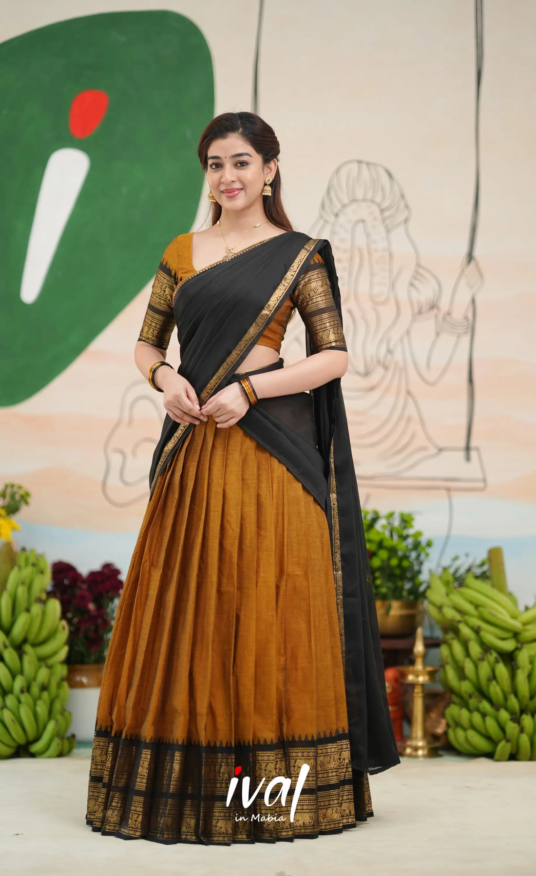 Padmaja Cotton Half Saree - Dark Brownish mustard and Black - Half Sarees