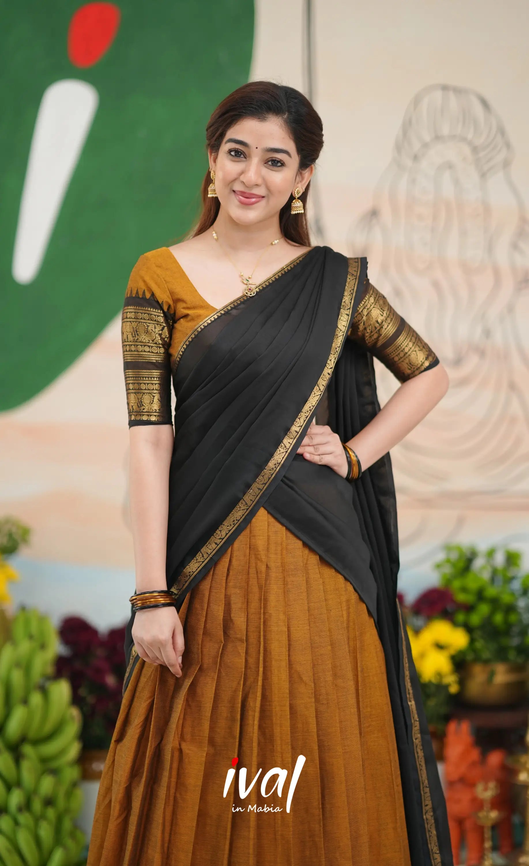 Padmaja Cotton Half Saree - Dark Brownish mustard and Black - Half Sarees