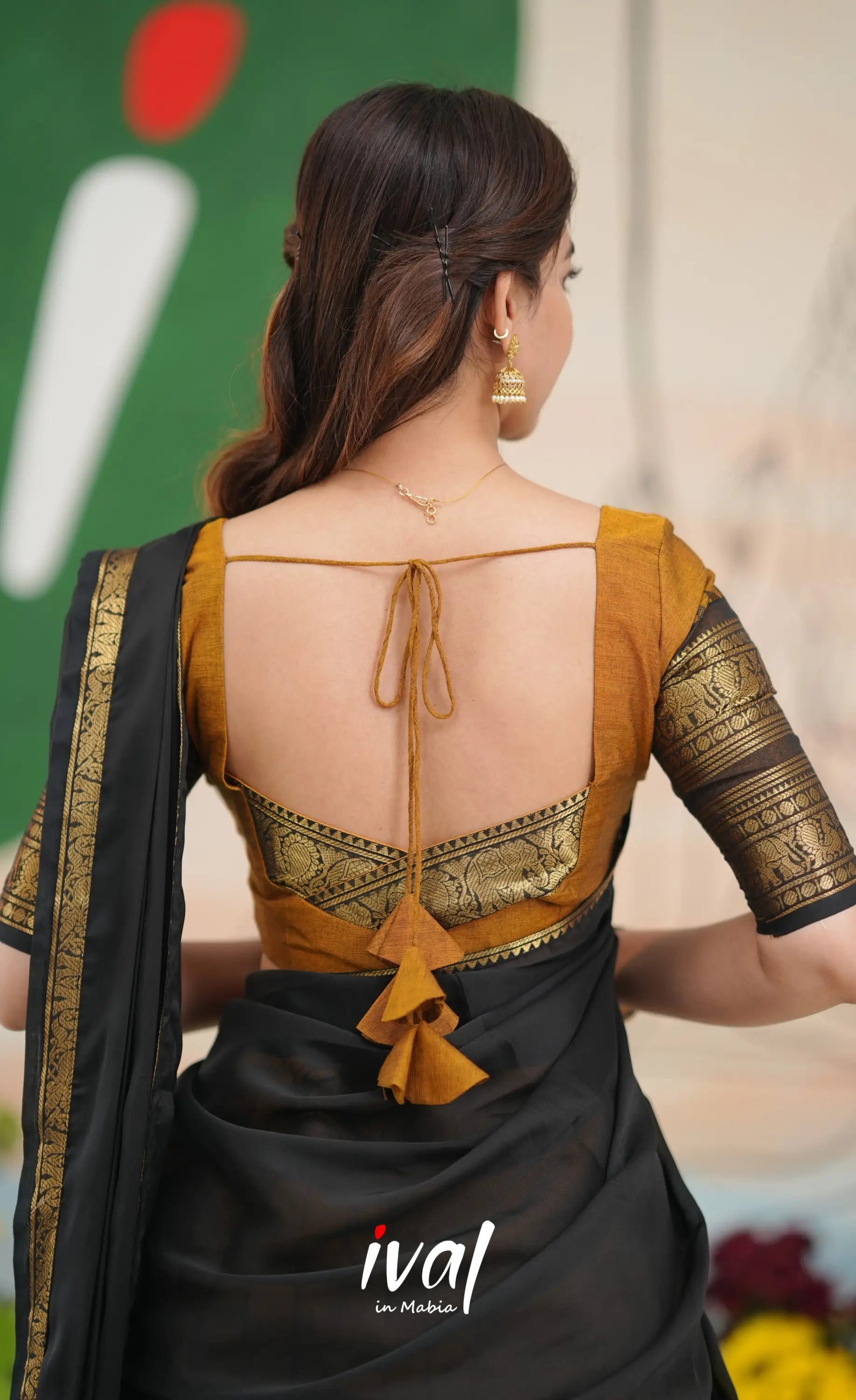 Padmaja Cotton Half Saree - Dark Brownish mustard and Black - Half Sarees