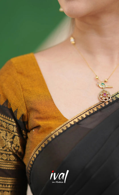 Padmaja Cotton Half Saree - Dark Brownish mustard and Black - Half Sarees