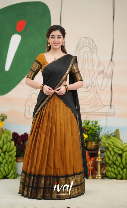 Padmaja Cotton Half Saree - Dark Brownish mustard and Black - Half Sarees