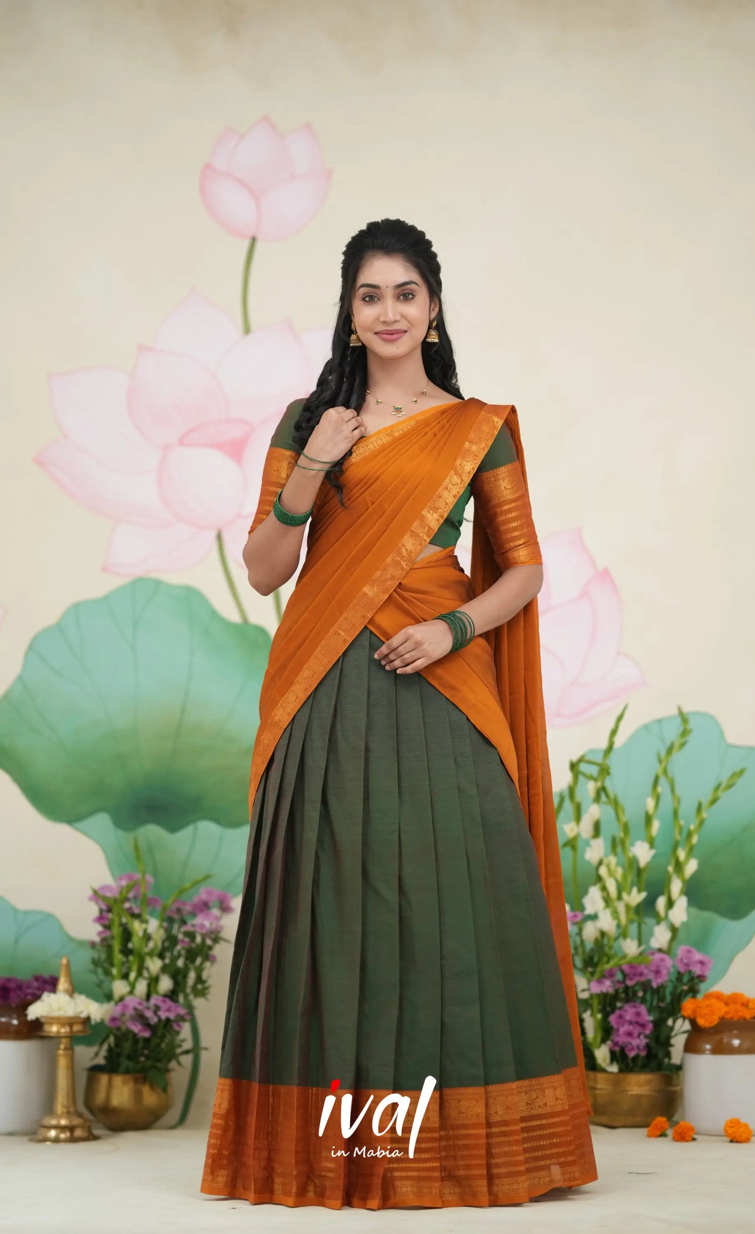 Padmaja Cotton Half Saree Dark green and Mustard Half Sarees