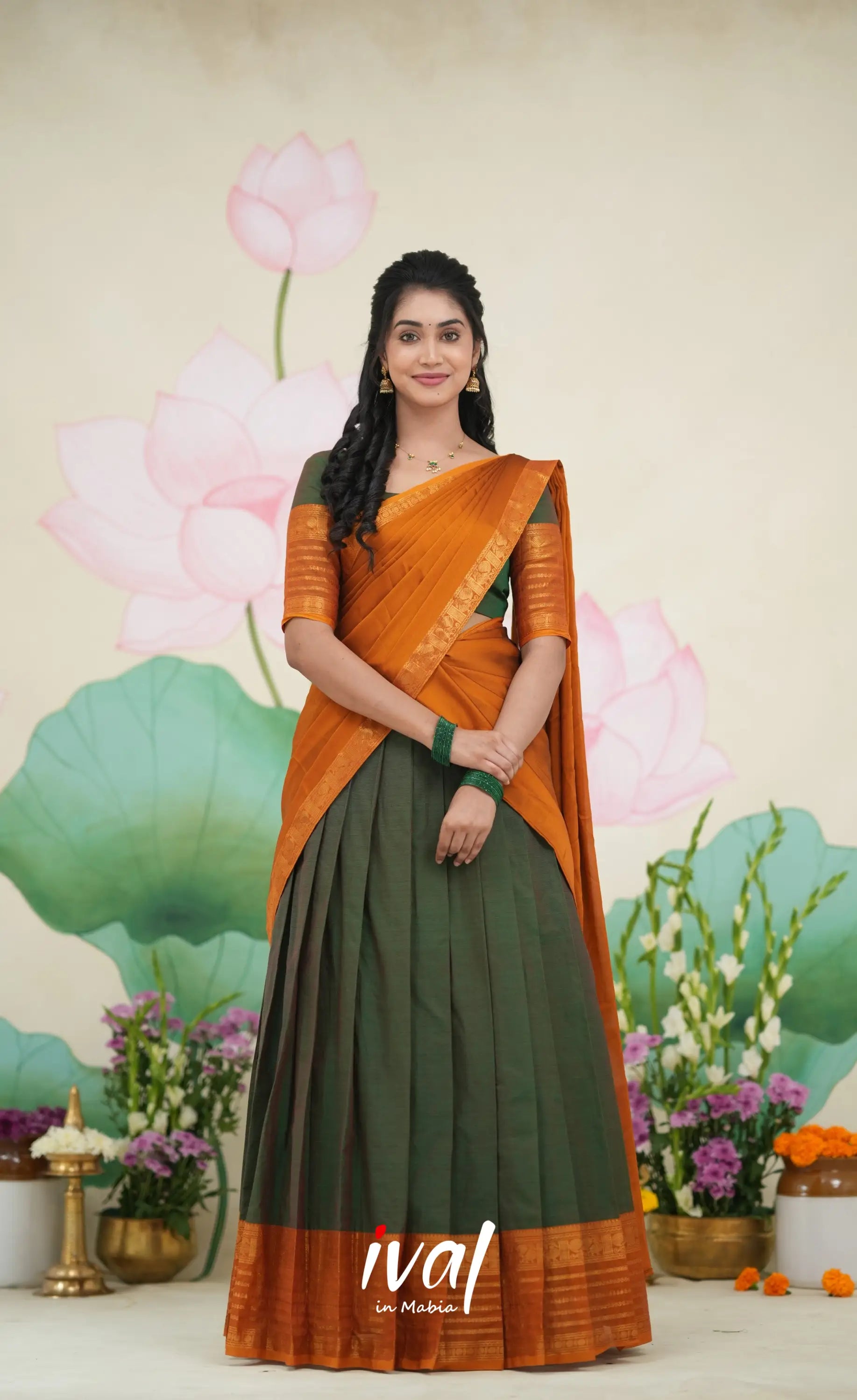 Padmaja Cotton Half Saree Dark green and Mustard Half Sarees