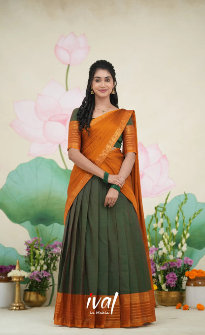 Padmaja Cotton Half Saree Dark green and Mustard Half Sarees