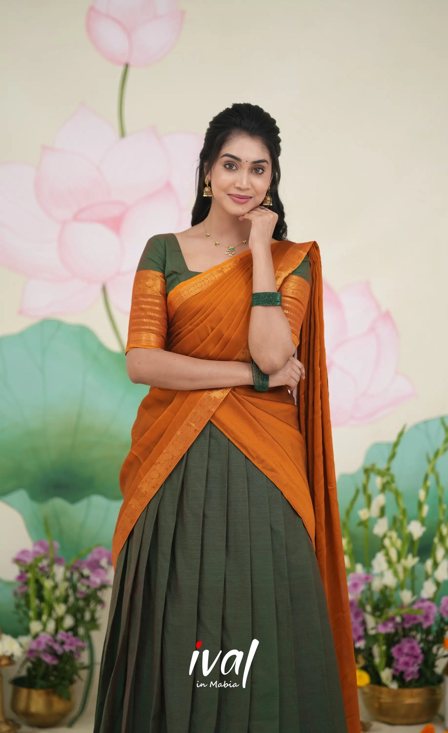 Padmaja Cotton Half Saree Dark green and Mustard Half Sarees