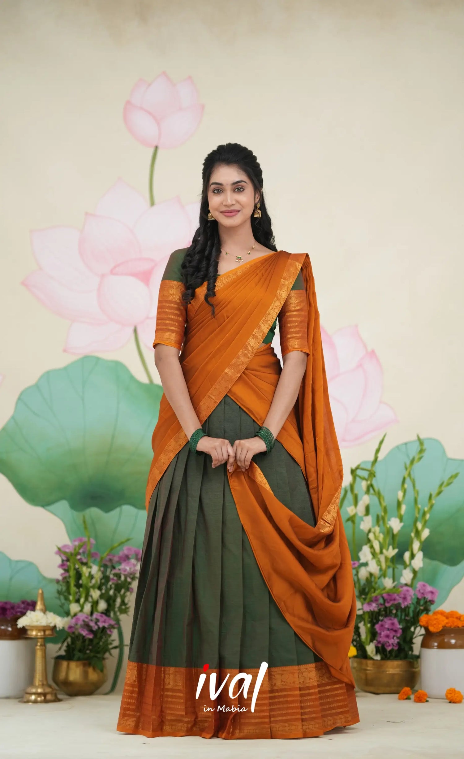 Padmaja Cotton Half Saree Dark green and Mustard Half Sarees