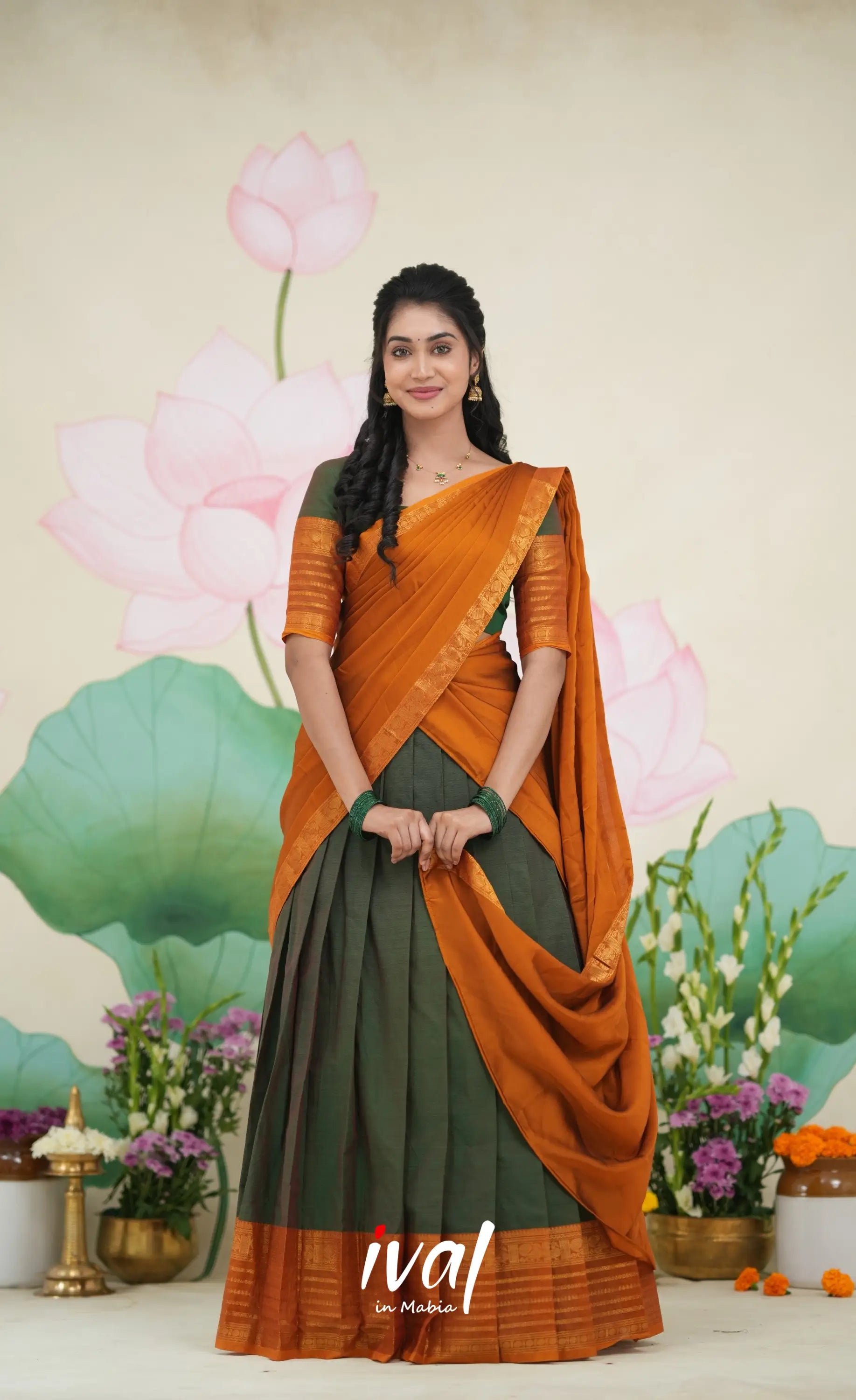 Padmaja Cotton Half Saree Dark green and Mustard Half Sarees